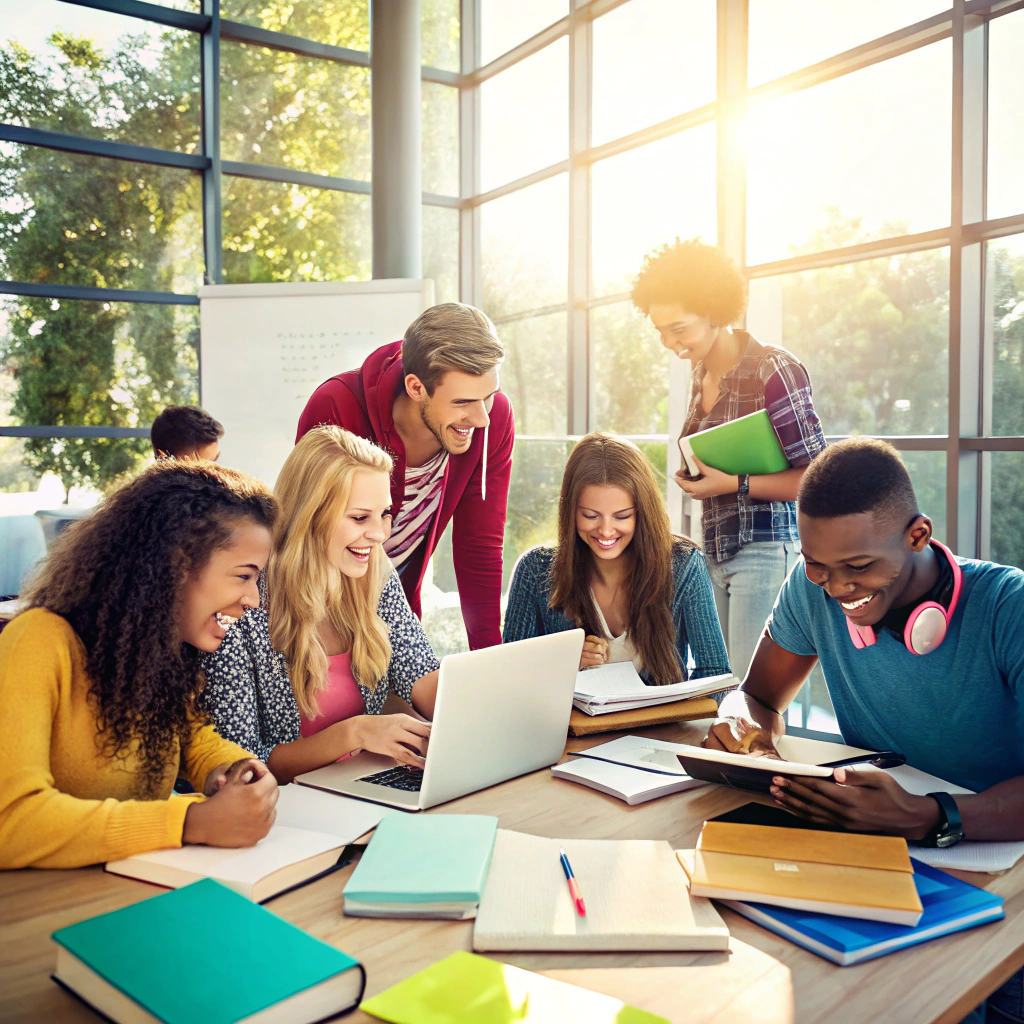 Students collaborating in a bright community learning hub