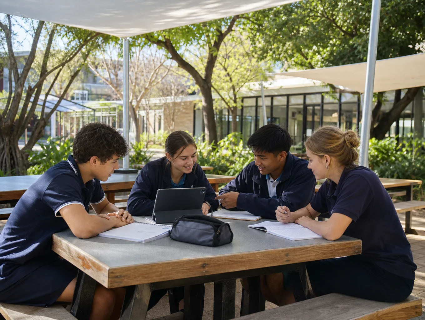 A diverse group of students collaborating on a project in a bright community space
